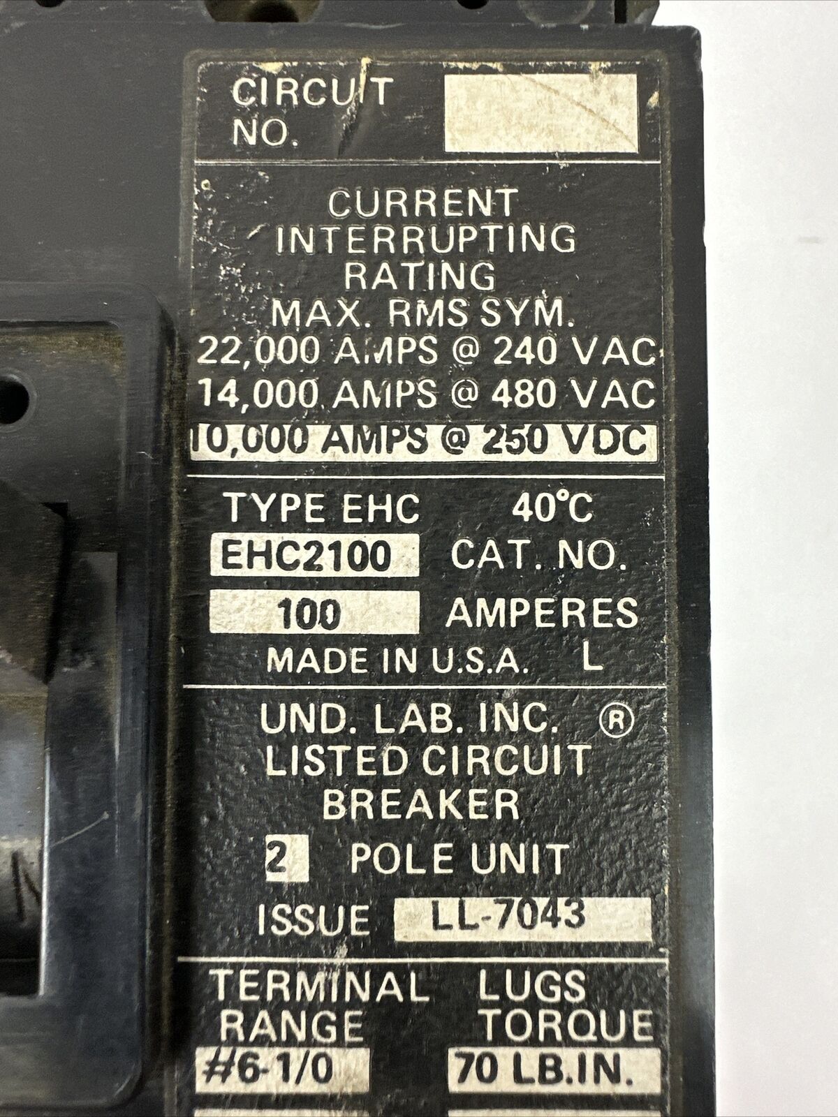 CUTLER HAMMER EHC2100 CIRCUIT BREAKER 100AMP 240/480VAC 250VDC 2POLE