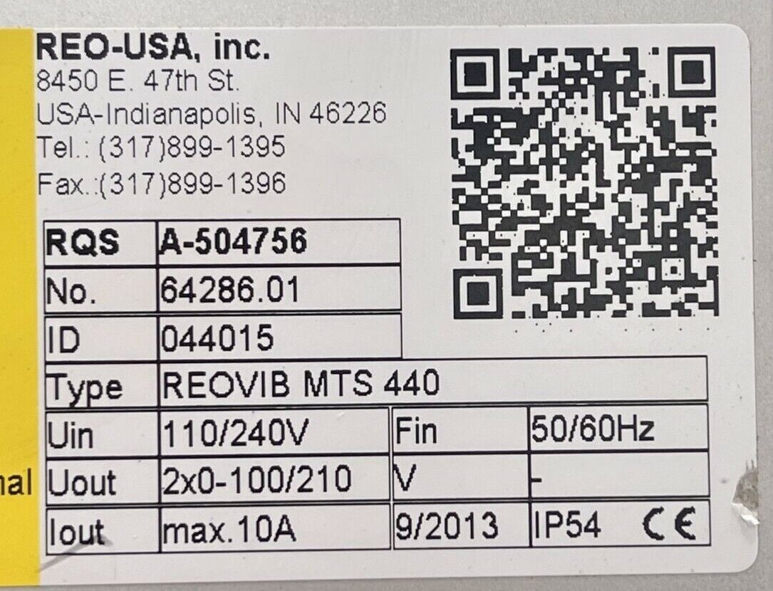 REO REOVIB MTS 440 FREQUENCY CONVERTER FOR VIBRATORY FEEDER 110/240VAC 2x0-100/