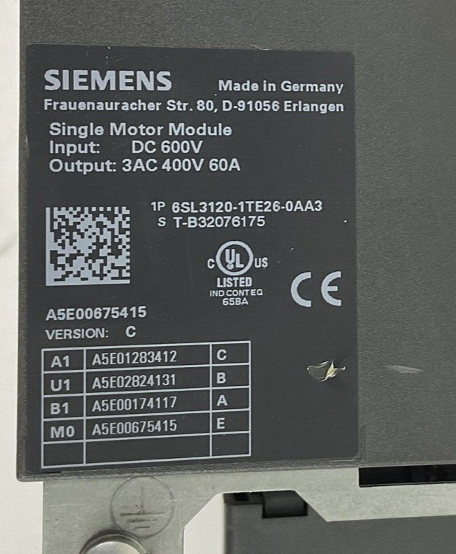 SIEMENS 6SL3120-1TE13-0AA3 SINGLE MOTOR MODULE 600VDC 60A VER.C