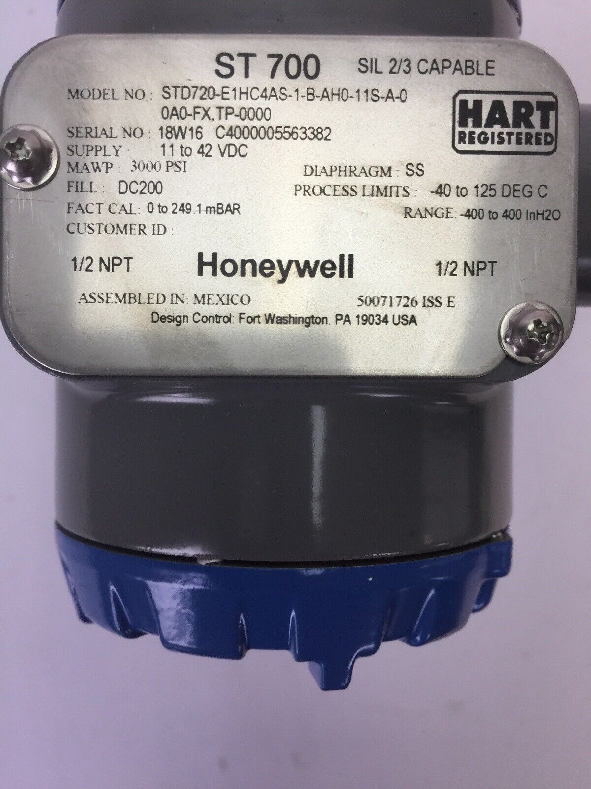 HONEYWELL STD720-E1HC4AS-1-B-AH0-11S-A-00A0-FX,TP-0000 STD700 DP TRANSMITTER