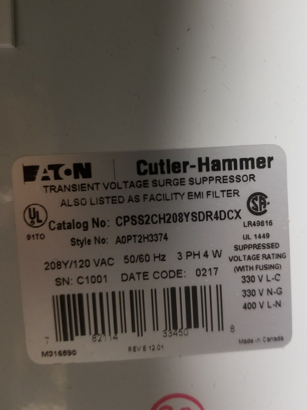 EATON CUTLER HAMMER CPSS2CH208YSDR4DCX Clipper Power System Surge Protective