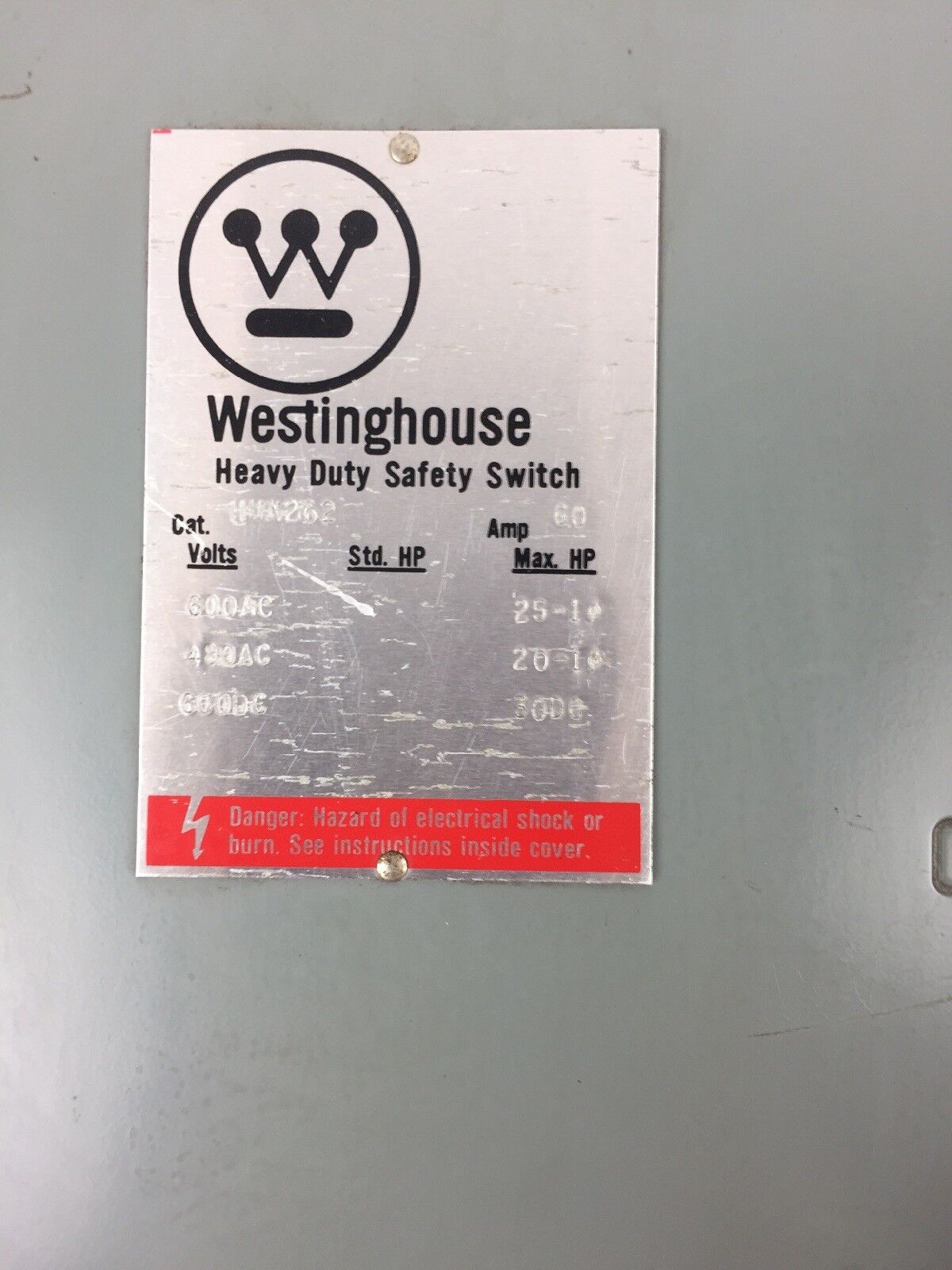 WESTINGHOUSE HUN262 HEAVY DUTY SAFETY SWITCH 600 VAC 60 AMP