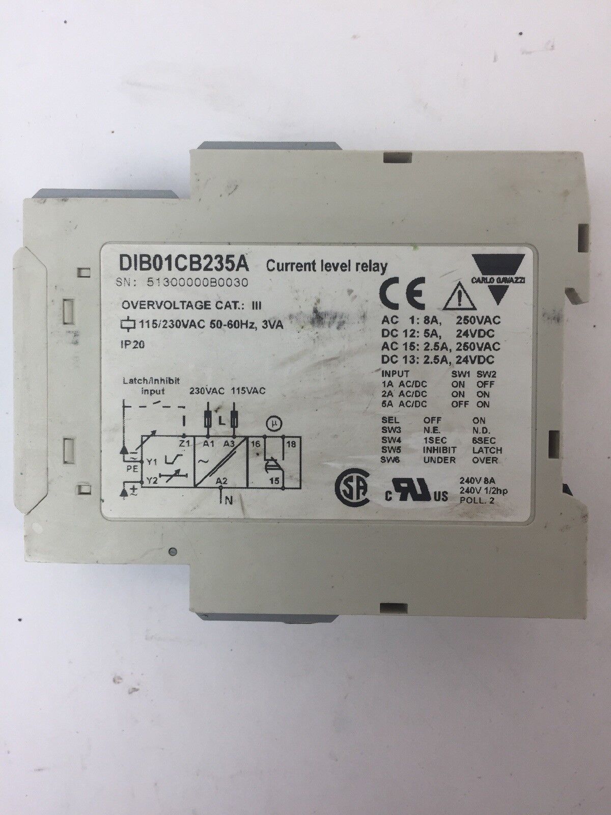 CARLO GAVAZZI DIB01CB235A CURRENT LEVEL RELAY 115/230VAC 50-60HZ