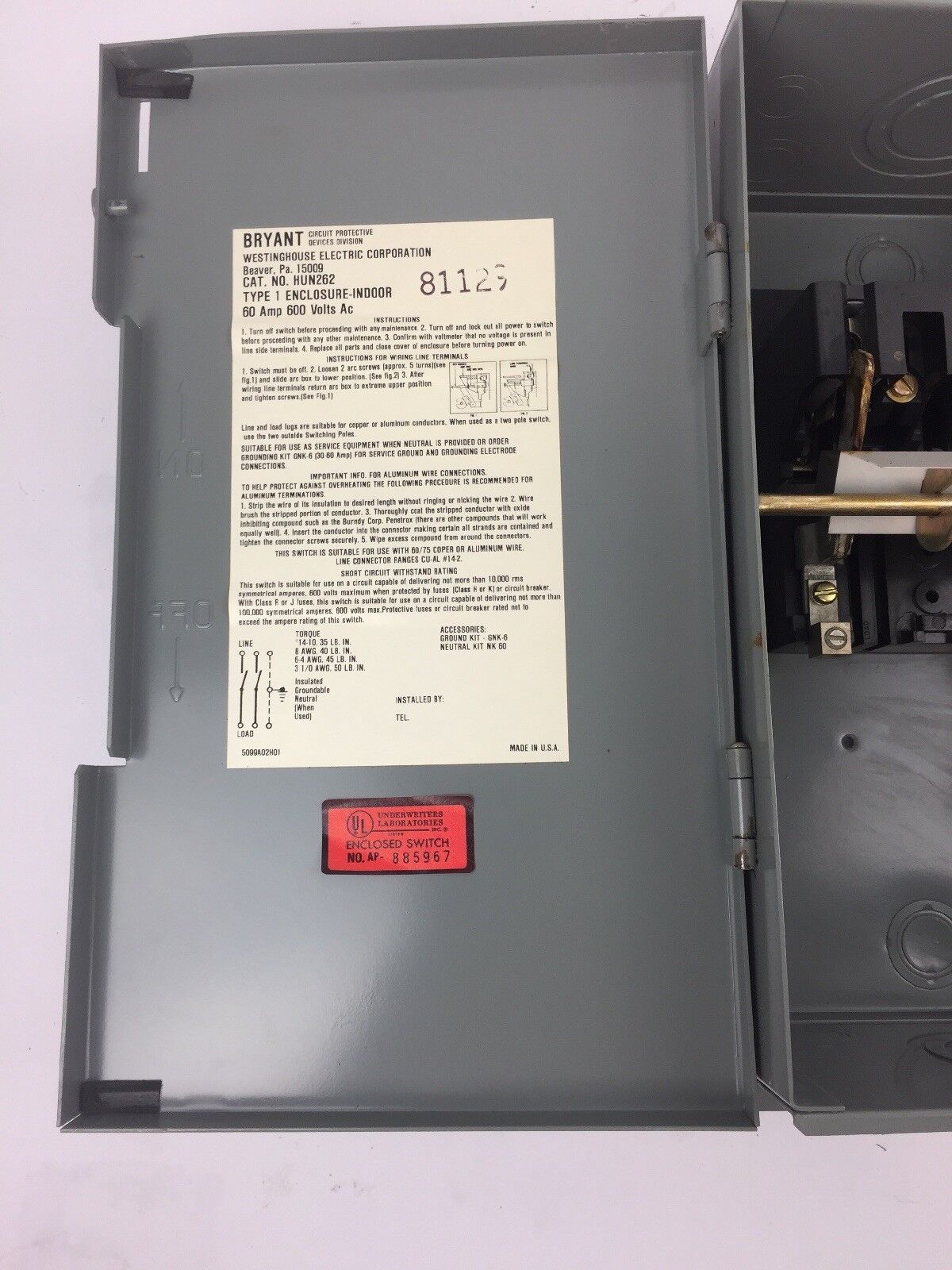 WESTINGHOUSE HUN262 HEAVY DUTY SAFETY SWITCH 600 VAC 60 AMP