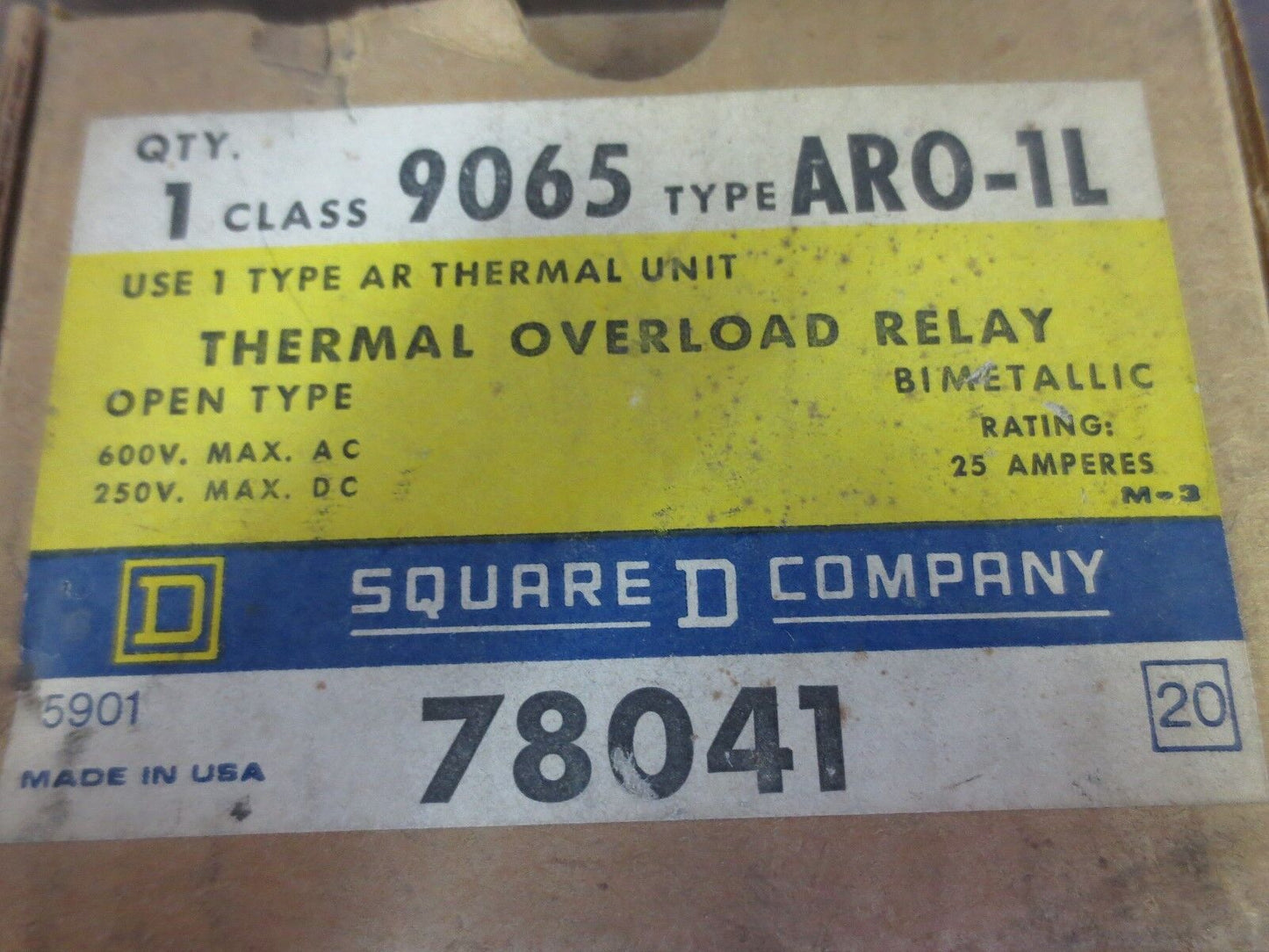 SQUARE D CLASS 9065 ARO-1L / AR0-1L THERMAL OVERLOAD RELAY 78041 - NEW SURPLUS