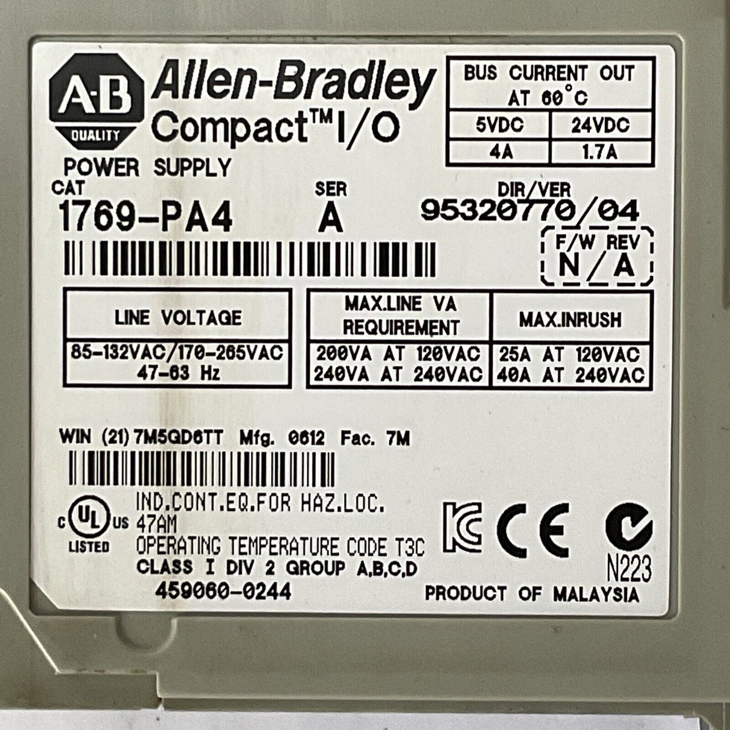 ALLEN BRADLEY 1769-PA4 COMPACT I/O POWER SUPPLY F/W REV N/A DIR/VER 95320770/04