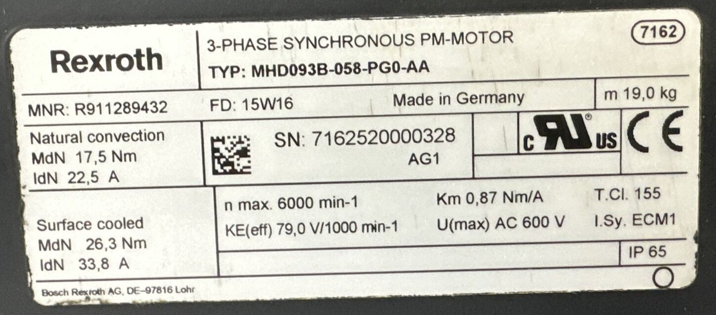 REXROTH MHD093B-058-PG0-AA 3-PHASE SYNCHRONOUS PM-MOTOR AC 600 V