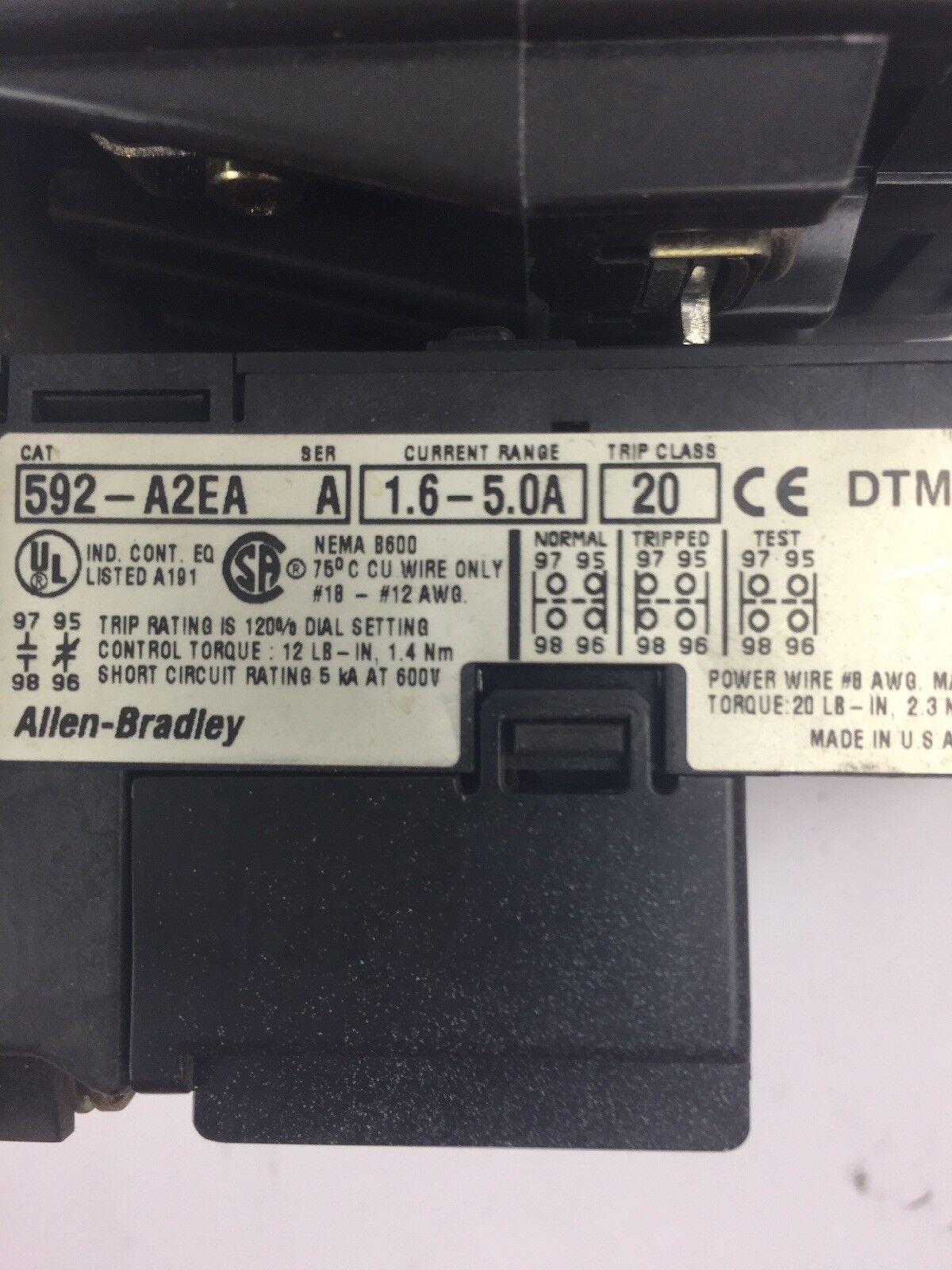 ALLEN BRADLEY 509-A0D-A2E SIZE 0 STARTER 600VAC 18AMP SER B 592-A2EA 1.6-5.0A