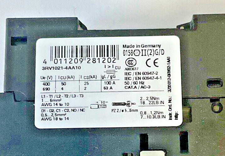 SIEMENS 3RV1021-4AA10 MOTOR CONTROL 208A 600V