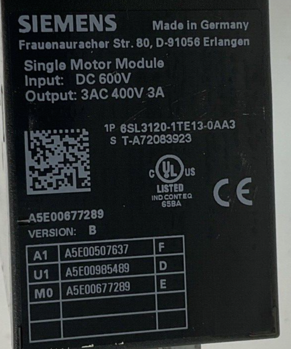 SIEMENS 6SL3120-1TE13-0AA3 SINGLE MOTOR DRIVE VER.B 600V 3A