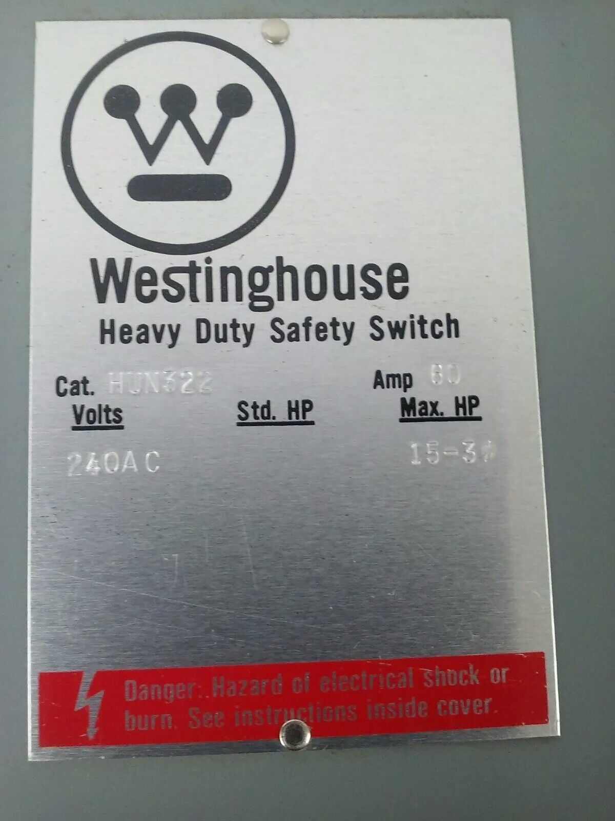WESTINGHOUSE HUN322 NON FUSIBLE SAFETY SWITCH 3P, 60A, 240V, TYPE 1 INDOOR, 15HP