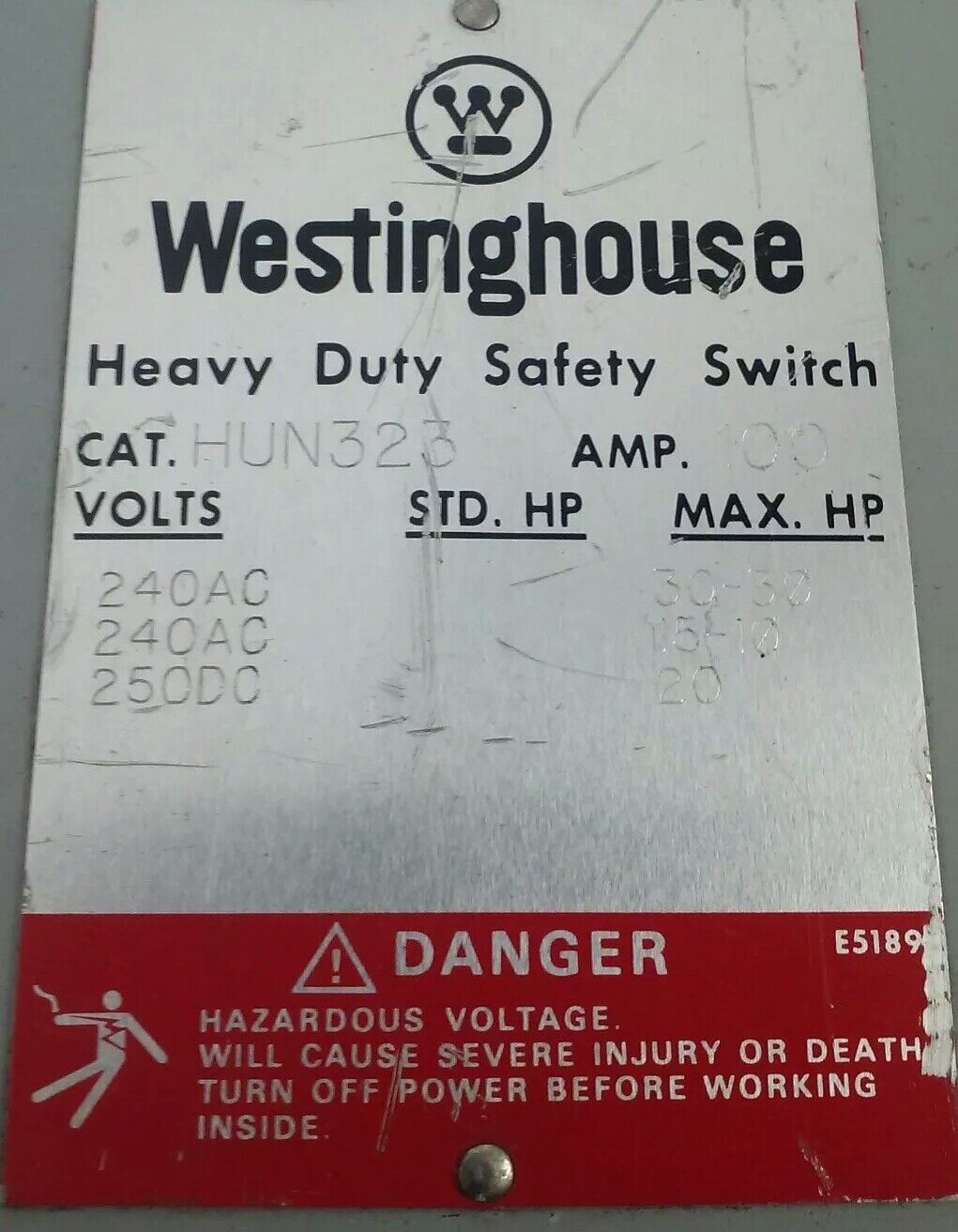 WESTINGHOUSE HUN323 NON FUSIBLE SAFETY SWITCH 100A 240V 3PH 30HP TYPE 1 INDOOR