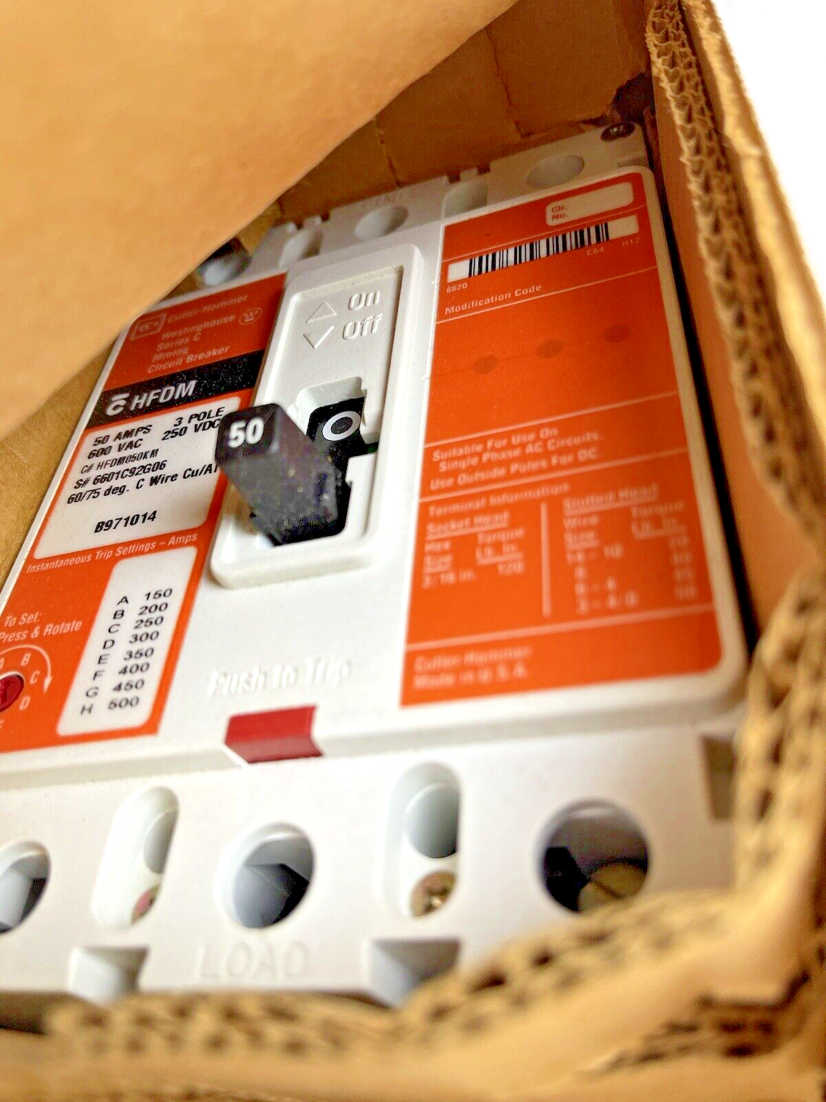 CUTLER-HAMMER - HFDM050KM - MINING CIRCUIT BREAKER - 50 AMP, 3 POLE, 600 VAC