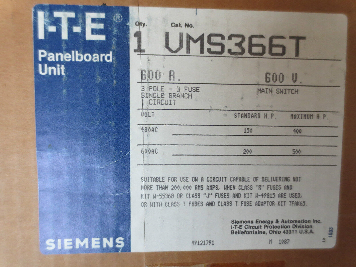 ITE SIEMENS VMS366T PANELBOARD UNIT FUSIBLE SWITCH 600A 600V MAIN SWITCH - NEW