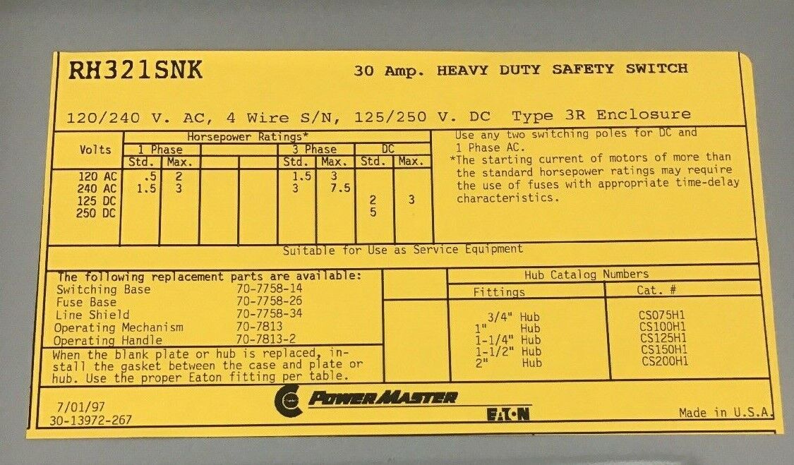 POWERMASTER RH321SNK HEAVY DUTY SAFETY SWITCH, 3R RAINPROOF 30AMP 240VAC FUSIBLE