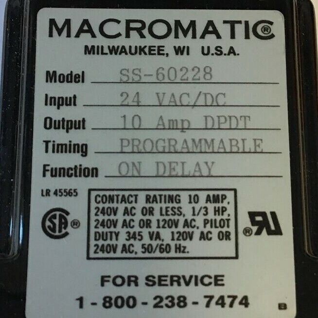 MACROMATIC TIME DELAY RELAY SS-60228 24VAC/DC 10A DPDT PROGRAMMABLE