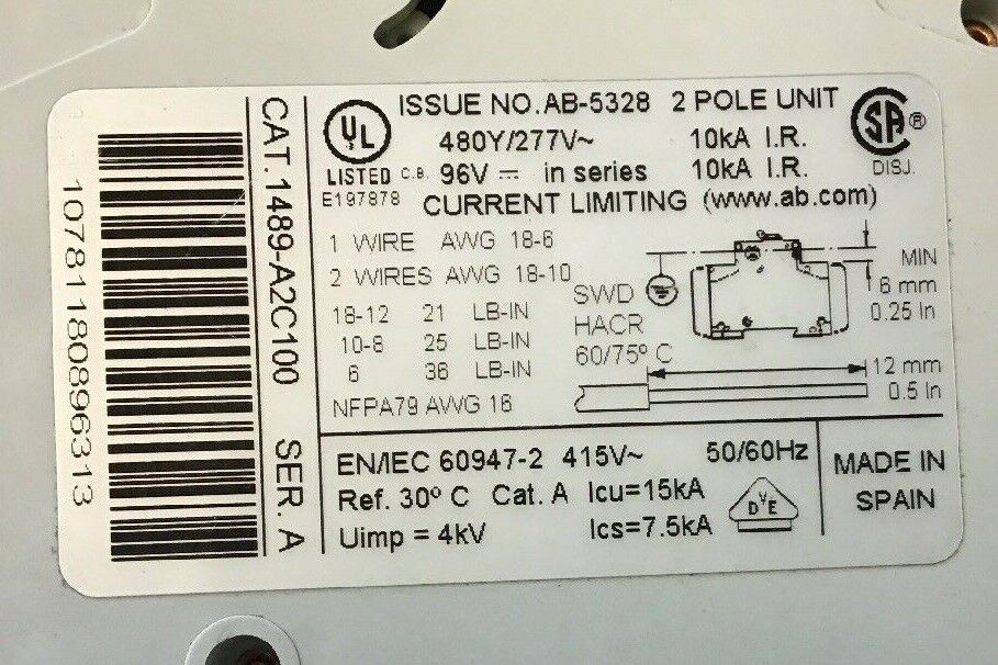 ALLEN BRADLEY 1489-A2C100 SER A 2 POLE 10A CIRCUIT BREAKER 277VAC/96VDC