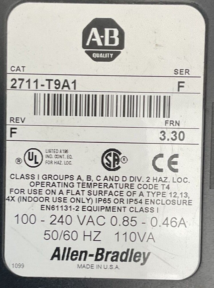 ALLEN BRADLEY 2711-T9A1 PANELVIEW 900 SER F REV F FRN 3.30 100-240VAC 0.85-0.46A
