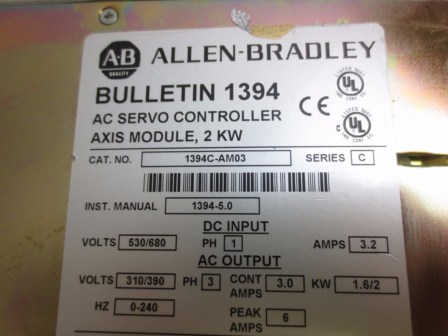 ALLEN-BRADLEY 1394C-AM03 Ser. C - AC SERVO CONTROLLER AXIS MODULE, 2 KW