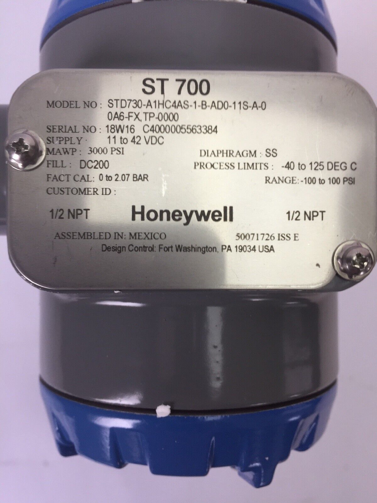 HONEYWELL STD730-A1HC4AS-1-B-AD0-11S-A-00A6-FX,TP-0000 STD700 DP TRANSMITTER