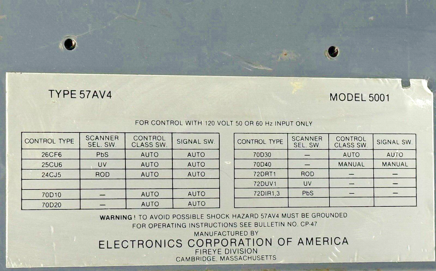 FIREYE - 57AV4-5001 - TESTER - 120 VAC - FOR USE W/ C, D-SERIES & FLAME MONITOR