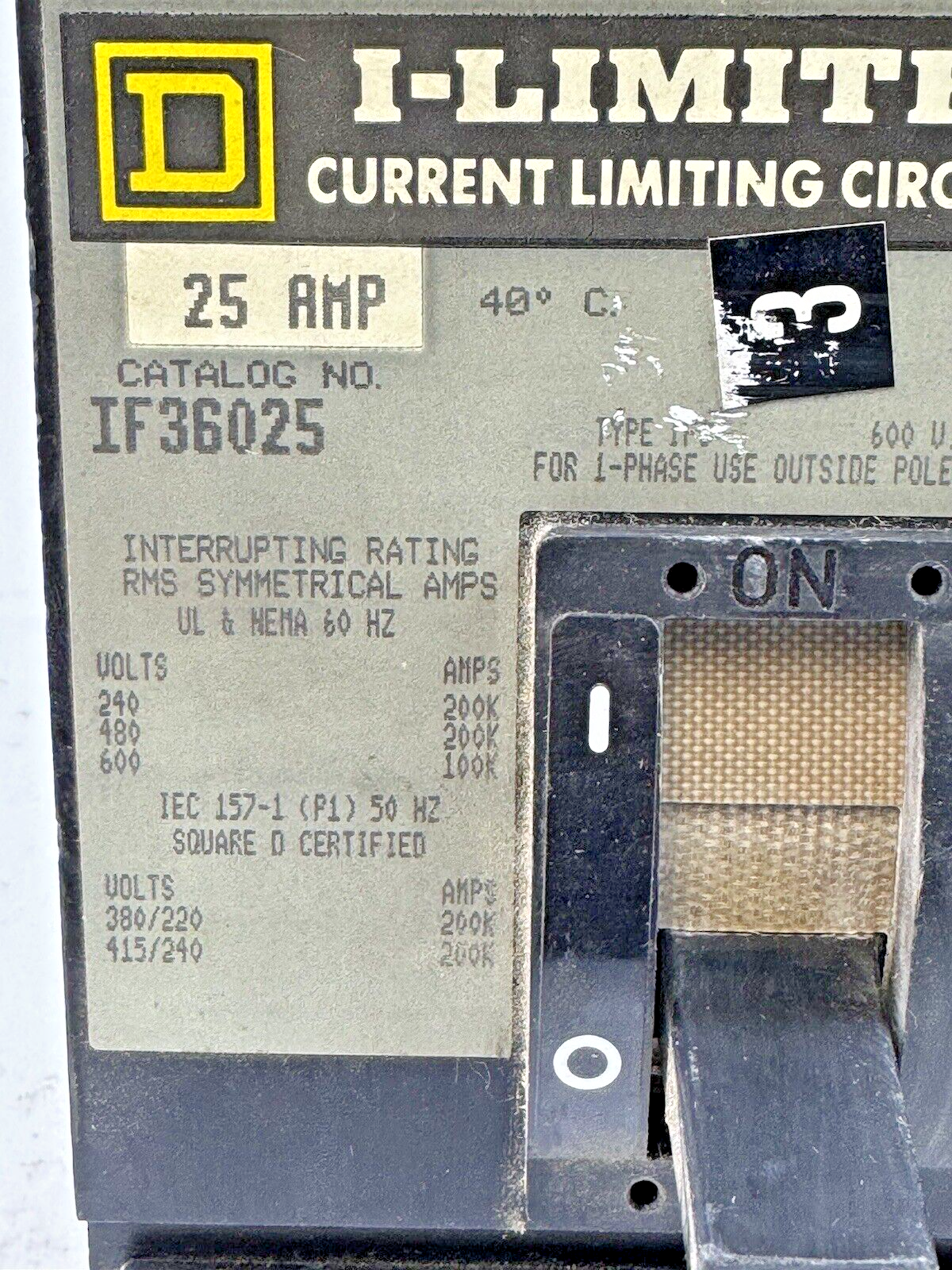 SQUARE D - IF36025 - I-LIMITER CIRCUIT BREAKER - 25 AMP, 3 POLE, 600 VAC