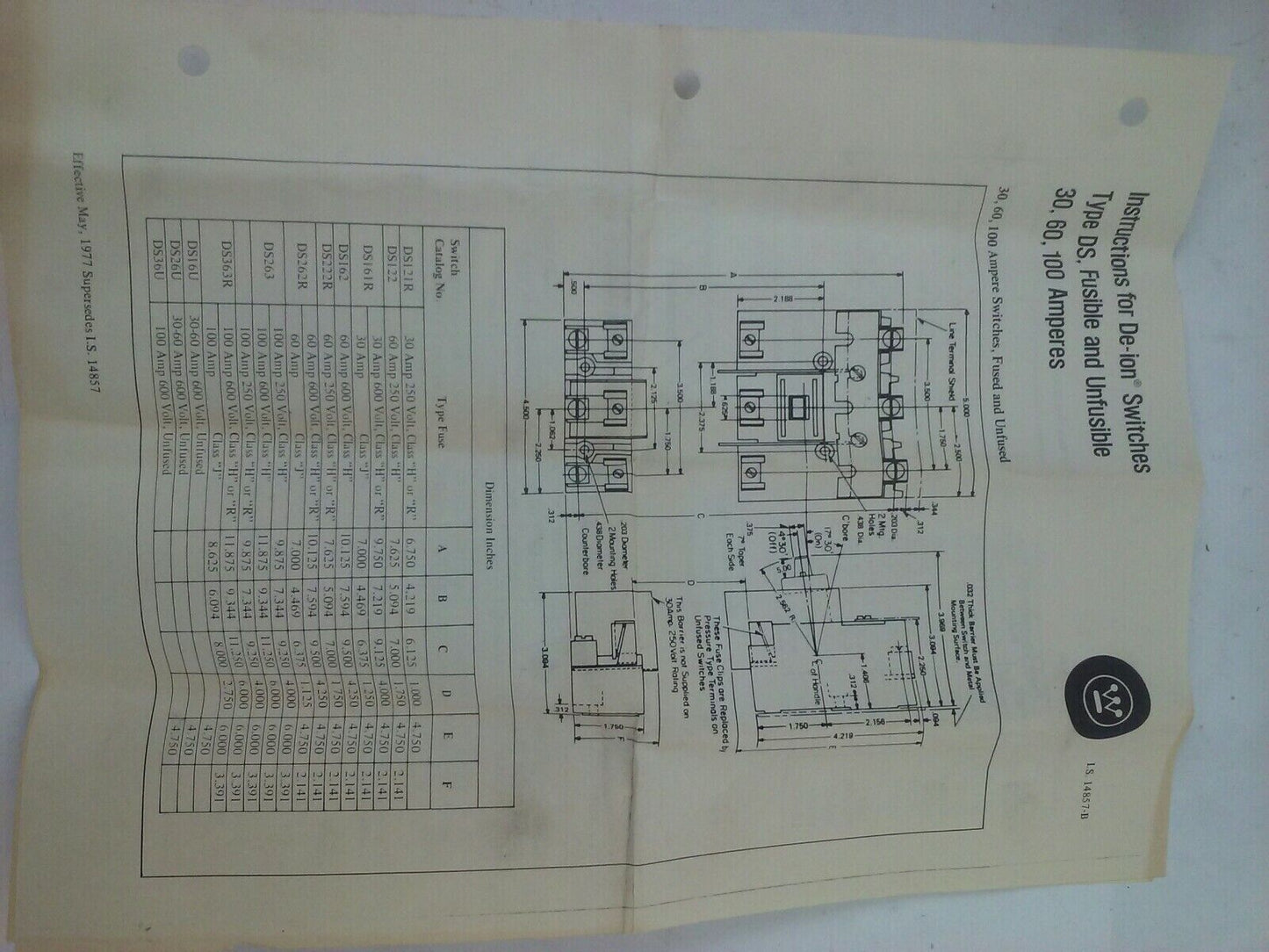 WESTINGHOUSE DS121R TYPE DS FUSIBLE DISCONNECT SWITCH 30A 240VAC/250VDC 3P