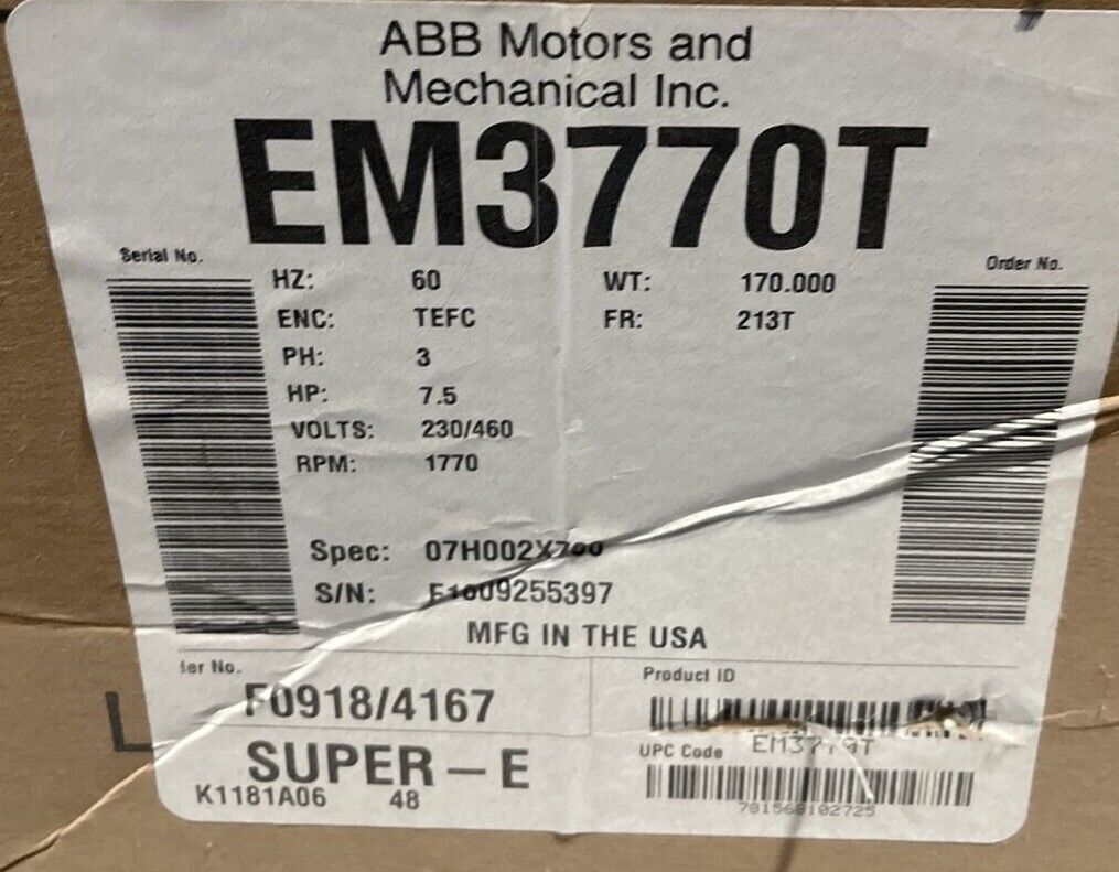 BALDOR EM3770T SUPER E MOTOR 7.5HP 1770RPM 3PH 230/460V 19/9.5A