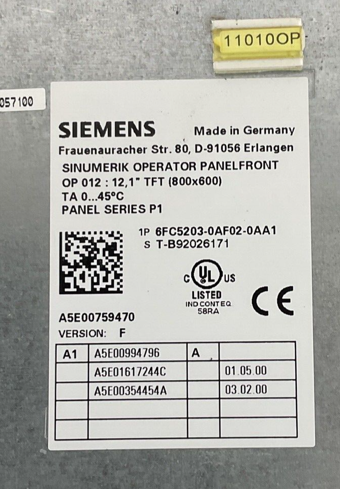 SIEMENS 6FC5203-0AF02-0AA1 OPERATOR PANEL VER.F W/6FC5312-0DA00-0AA1 MOD. VER.C