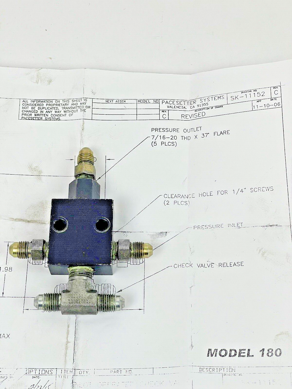 PACESETTER SYSTEMS - MODEL 180 - PILOT OPERATED CHECK VALVE - BRAND NOT STAMPED