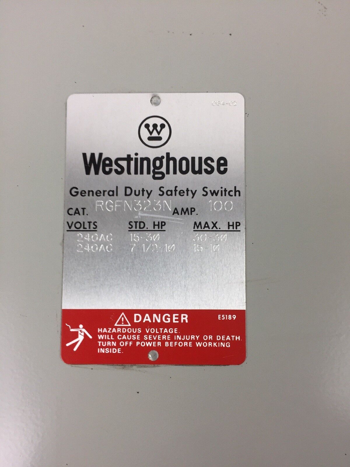 WESTINGHOUSE RGFN323N TYPE 3R RAINPROOF 100 AMP 240 VAC SAFETY SWITCH