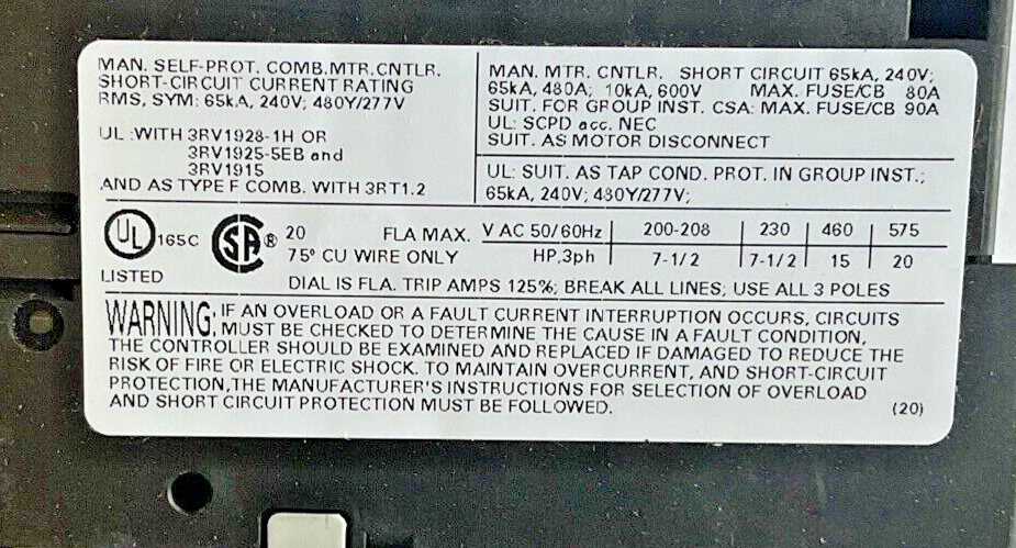 SIEMENS 3RV1021-4BA15 MOTOR CONTROL 14-20A 50HZ