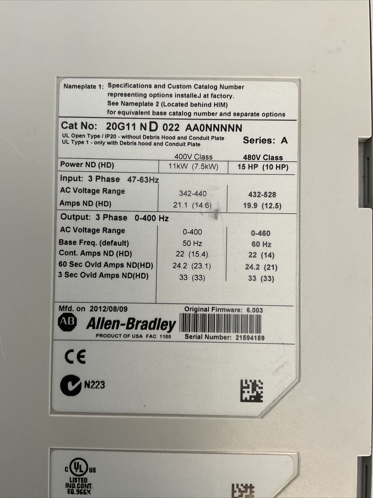ALLEN BRADLEY 20G11ND022AA0NNNNN AC DRIVE SER A OUTPUT 0-460VAC INPUT 432-528VAC