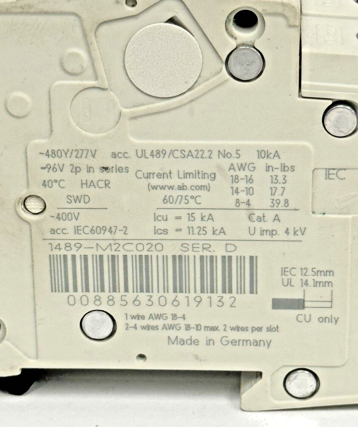 ALLEN-BRADLEY - 1489-M2C020 SER. D - CIRCUIT BREAKER - 2 P, 2 A, 277 V