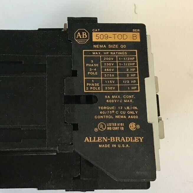 ALLEN BRADLEY 509-TOD FULL VOLTAGE STARTER SER.B 3PH 9A 600VAC 2HP