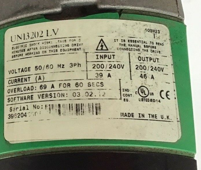 CONTROL TECHNIQUES UNI3203LV SPINDLE DRIVE 25HP 50/60HZ 3PH 240V 60A UNIDRIVE V3