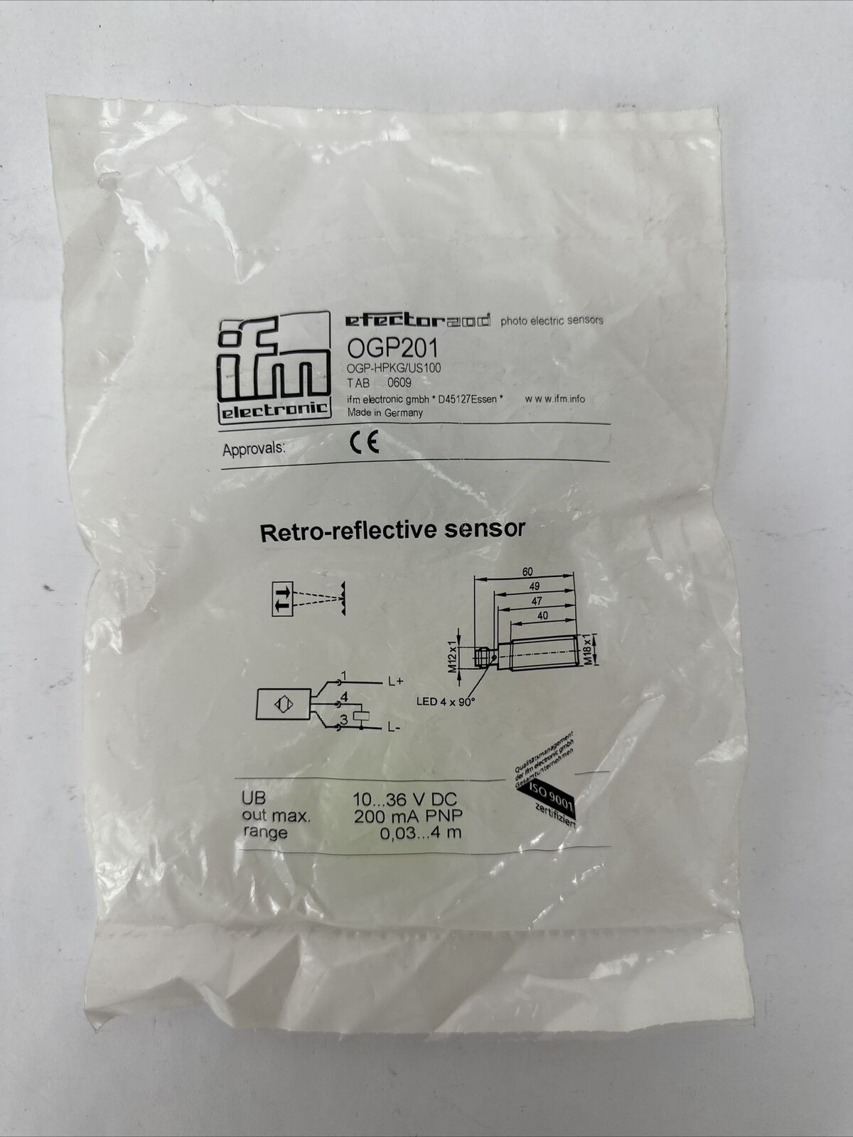 IFM ELETRONICS OGP201 RETRO-REFLECTIVE SENSOR EFECTOR 200 OGP-HPKG/US100