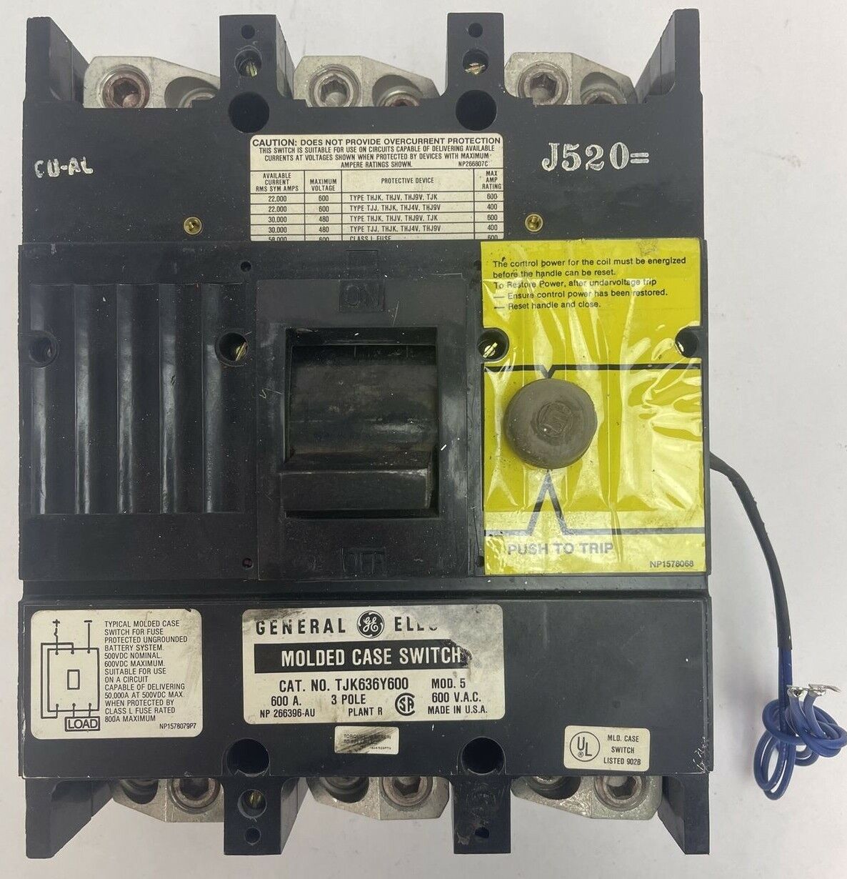 GE TJK63600 MOLDED CASE SWITCH CIRCUIT BREAKER 600A 600VAC 3P MOD 5 192A7029P748