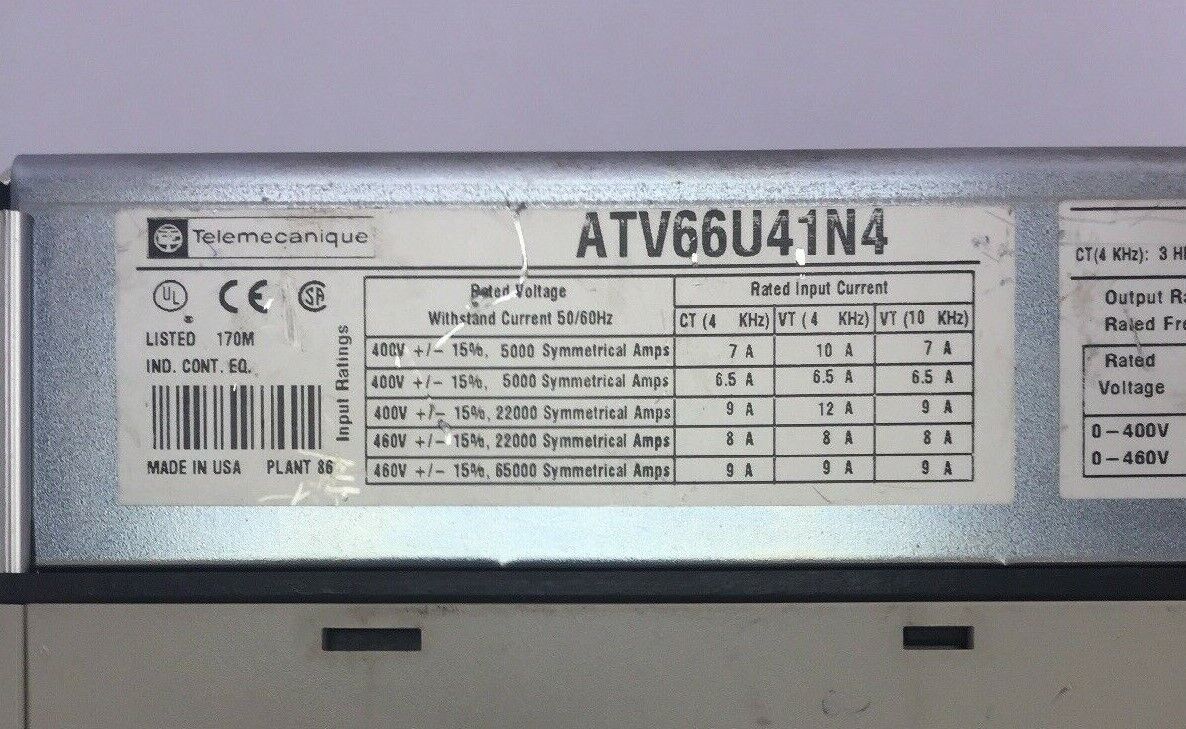 TELEMECANIQUE ATV66U41N4 VARIABLE SPEED DRIVE ALTIVAR 66 460VAC 3HP NO KEYPAD