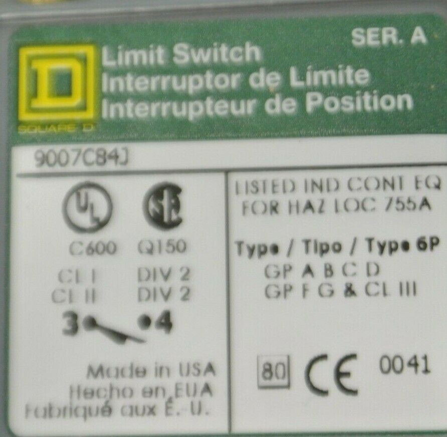 SQUARE D 9007 C84J Ser. A / LIMIT SWITCH w/ DELRIN TRIP / NEW SURPLUS / 9007C84J