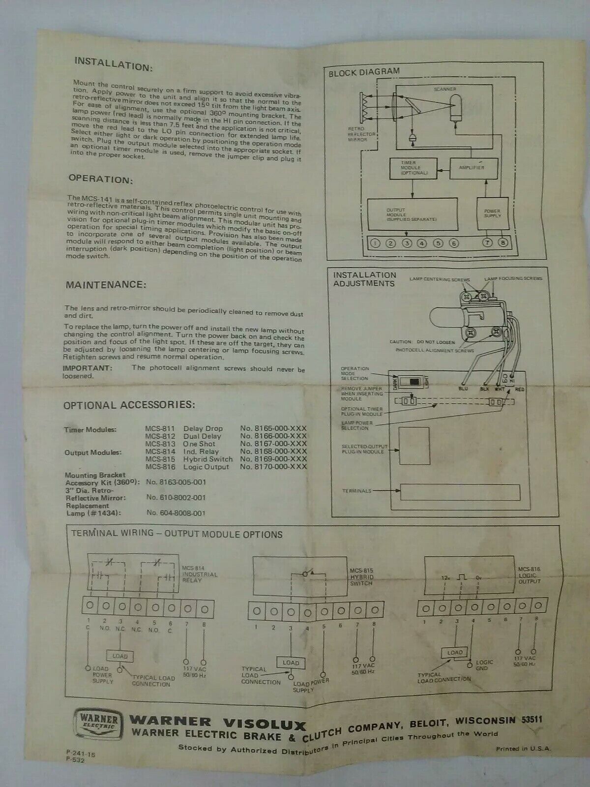 WARNER ELECTRIC MCS-141 PHOTOSCANNER PHOTOELECTRIC CONTROL 8164-000-XXX