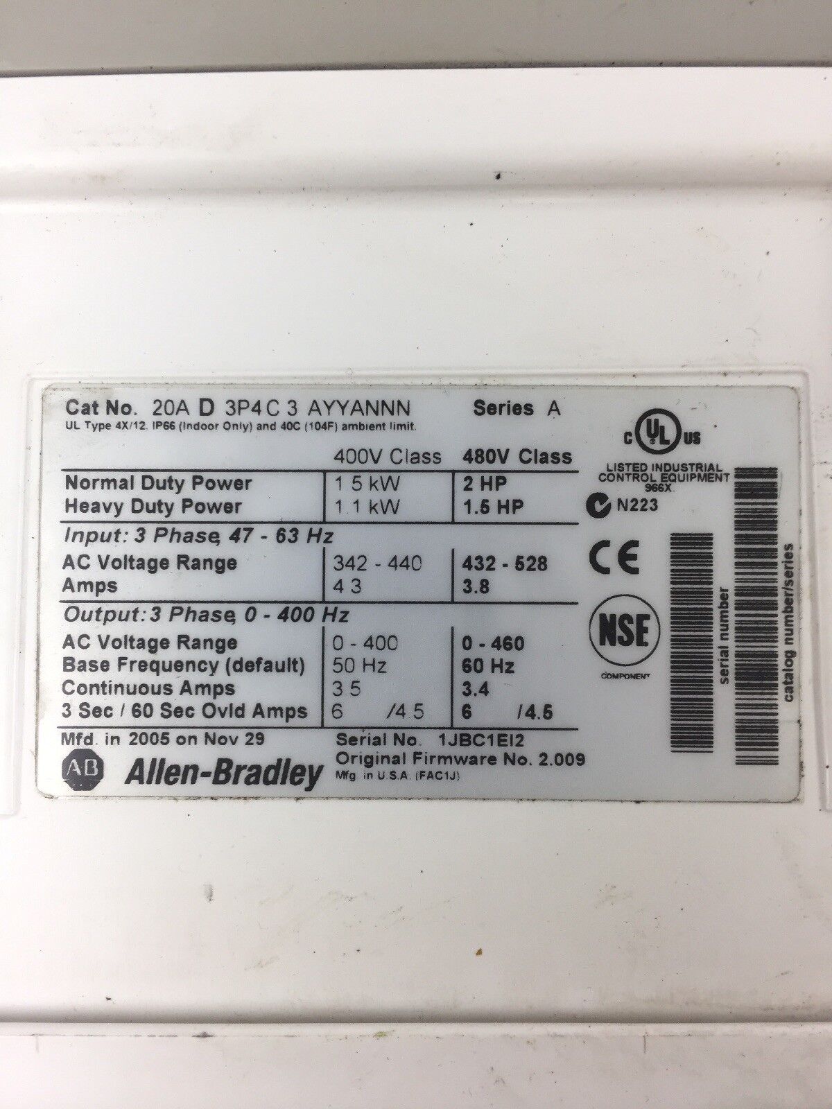 ALLEN BRADLEY POWER FLEX 70 20A D 3P4 C 3 AYYANNN SERIES A 3 PHASE 480 V