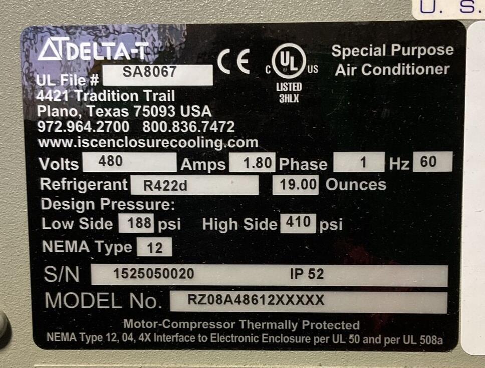 DELTA T RZ08A48612XXXXX SPECIAL PURPOSE AIR CONDITIONER 480V 1.8A 1PH HIGH SIDE