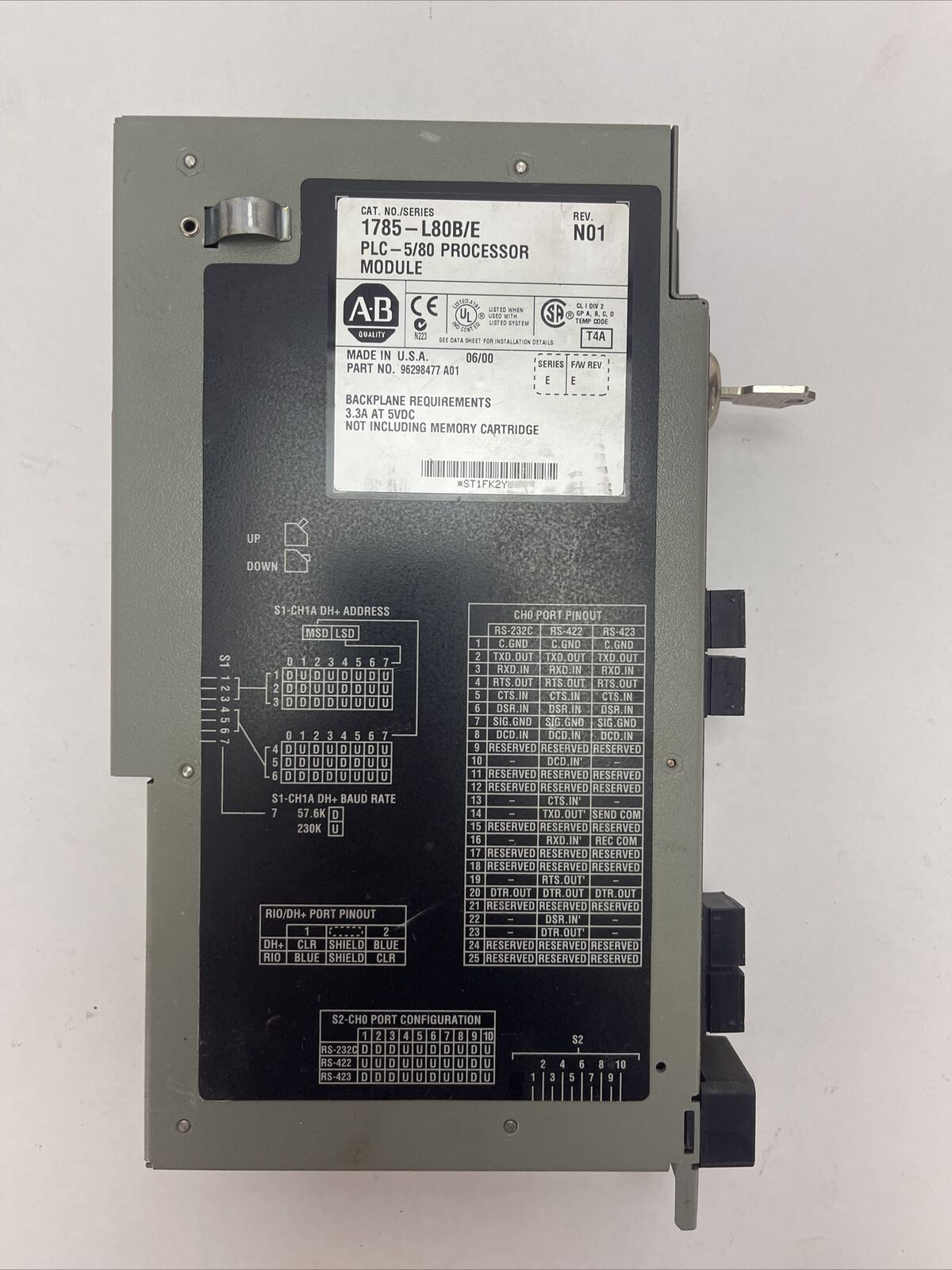 ALLEN BRADLEY 1785-L80B/E PLC 5/80 PROCESSOR MODULE REV N01 SERIES E F/W REV E