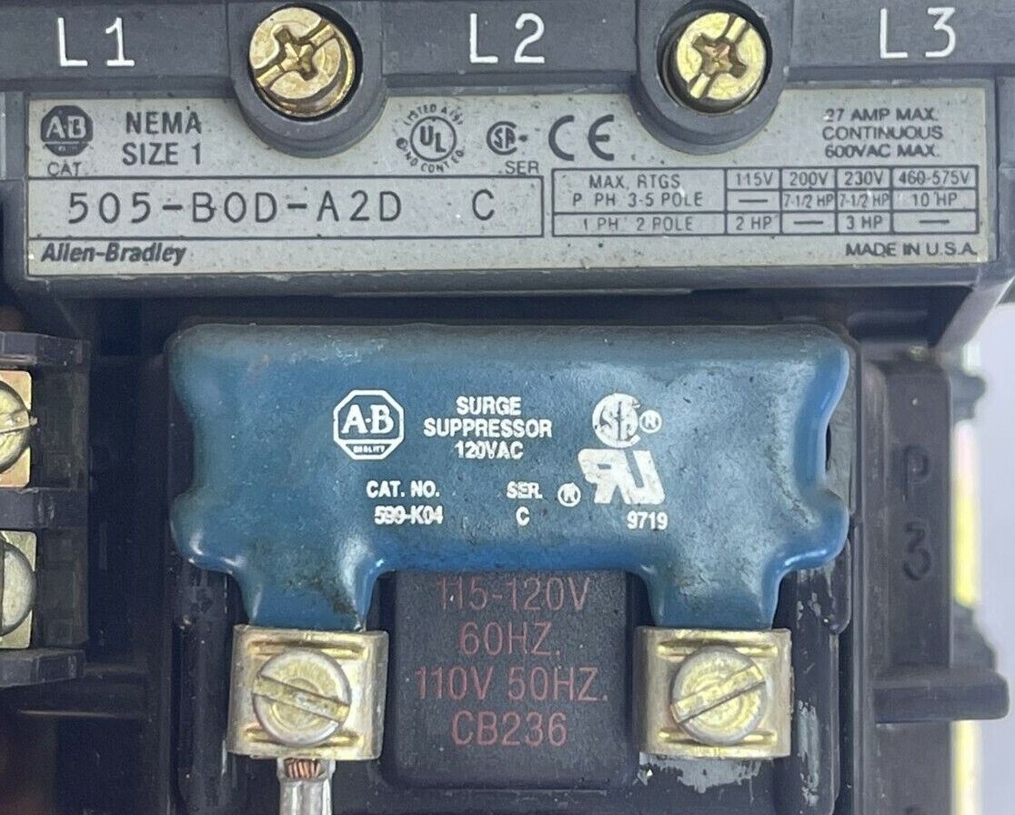 ALLEN BRADLEY 505-BOD-A2D REVERSING STARTER SIZE 1 SER C 600VAC 27A 10HP COIL