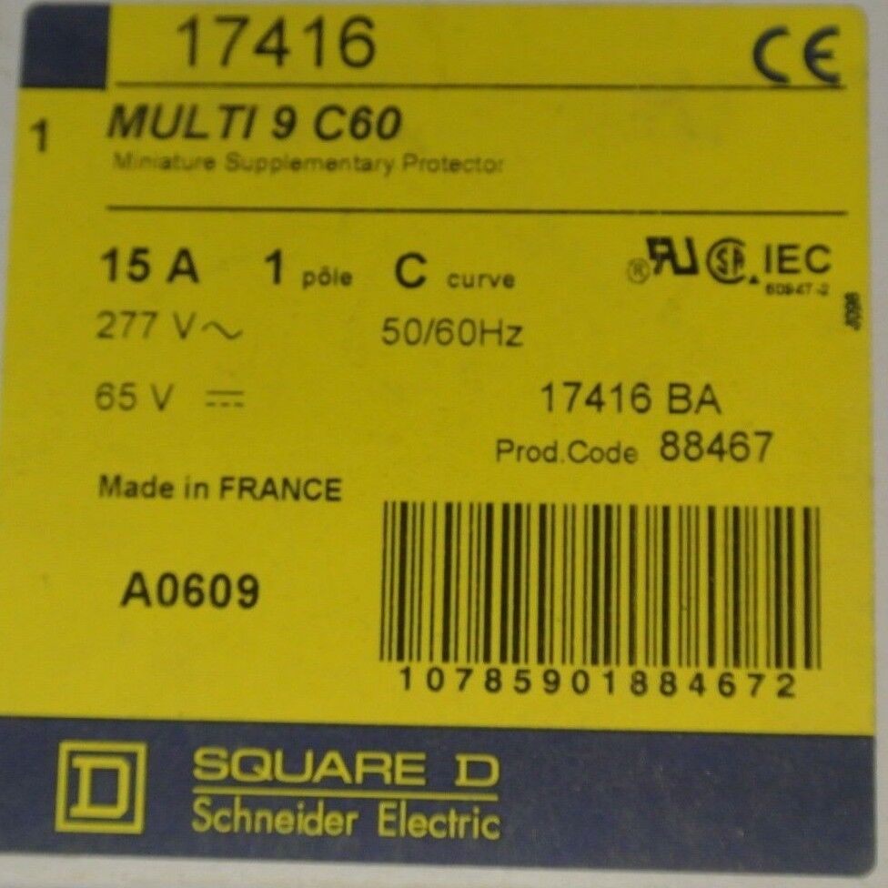 SQUARE D 17416 / MULTI 9 C60 MINIATURE CIRCUIT BREAKER / 15A 1-POLE NEW SURPLUS