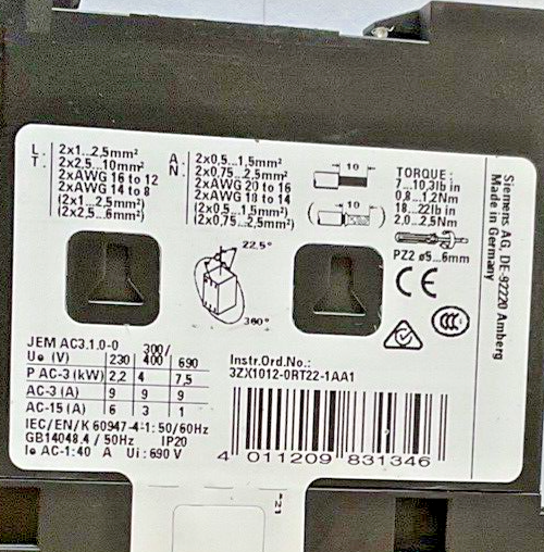 SIEMENS 3RT2023-1BB40 CONTACTOR 24VDC