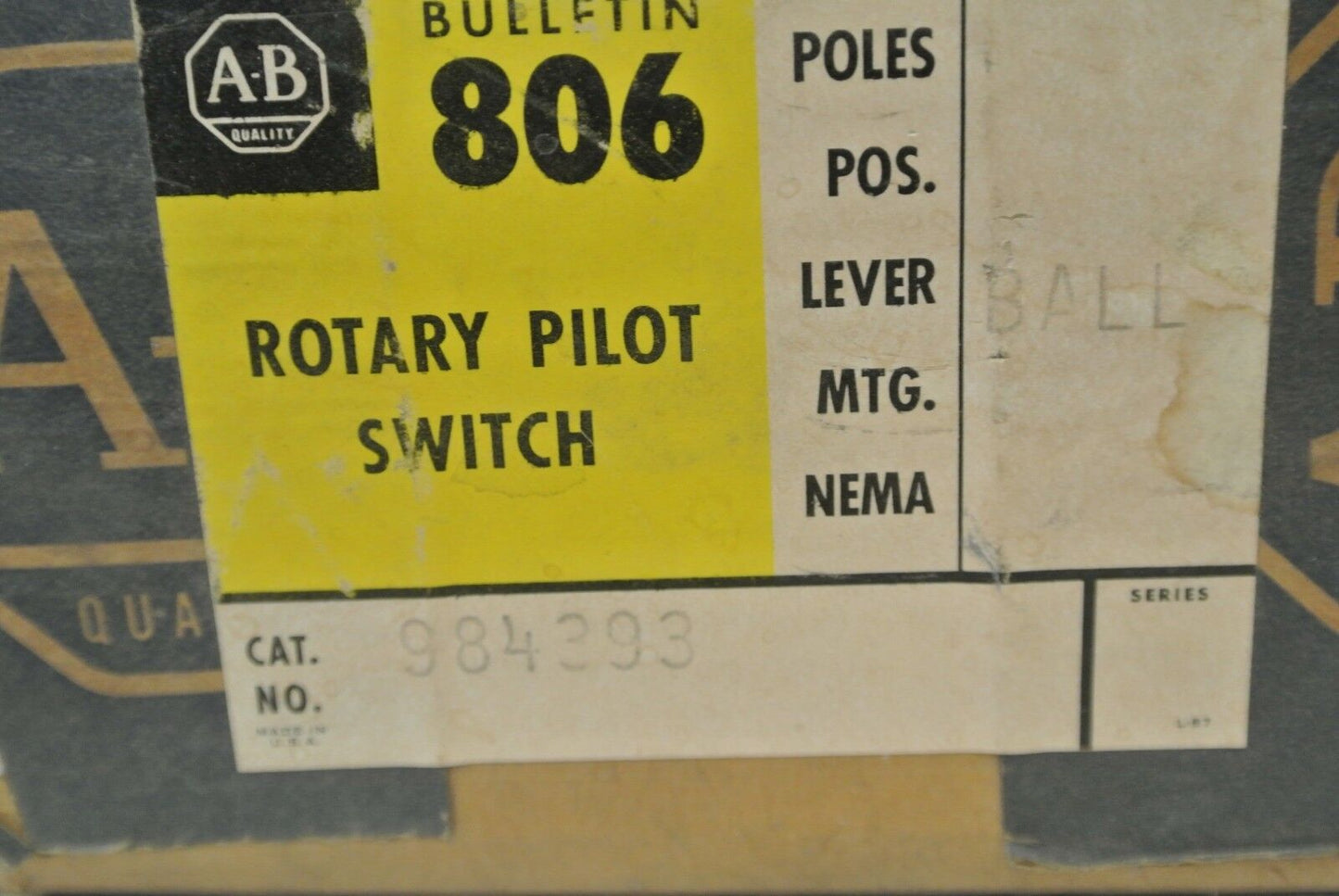 ALLEN-BRADLEY 806-984393 ROTARY PILOT SWITCH, BALL LEVER / NEW SURPLUS
