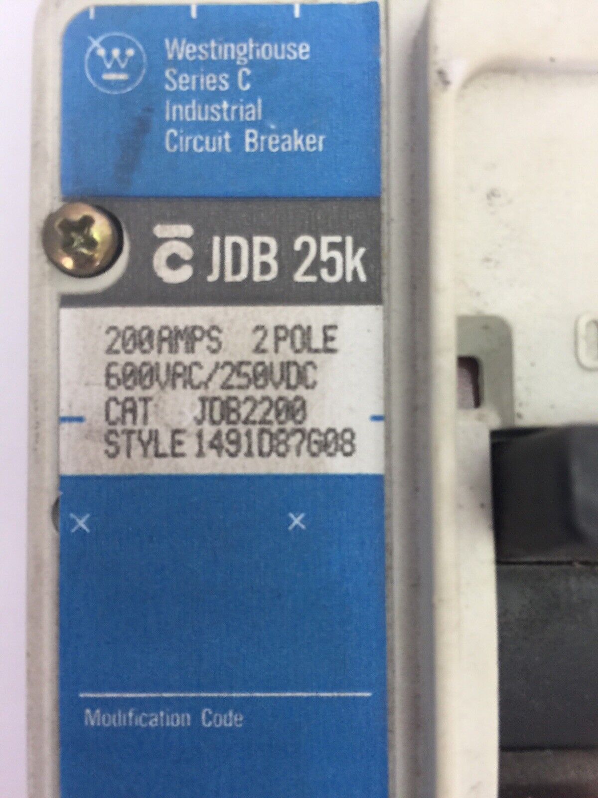 WESTINGHOUSE JDB2200 CIRCUIT BREAKER SER C 600VAC 250VDC 200A 2P JT2200T TRIP
