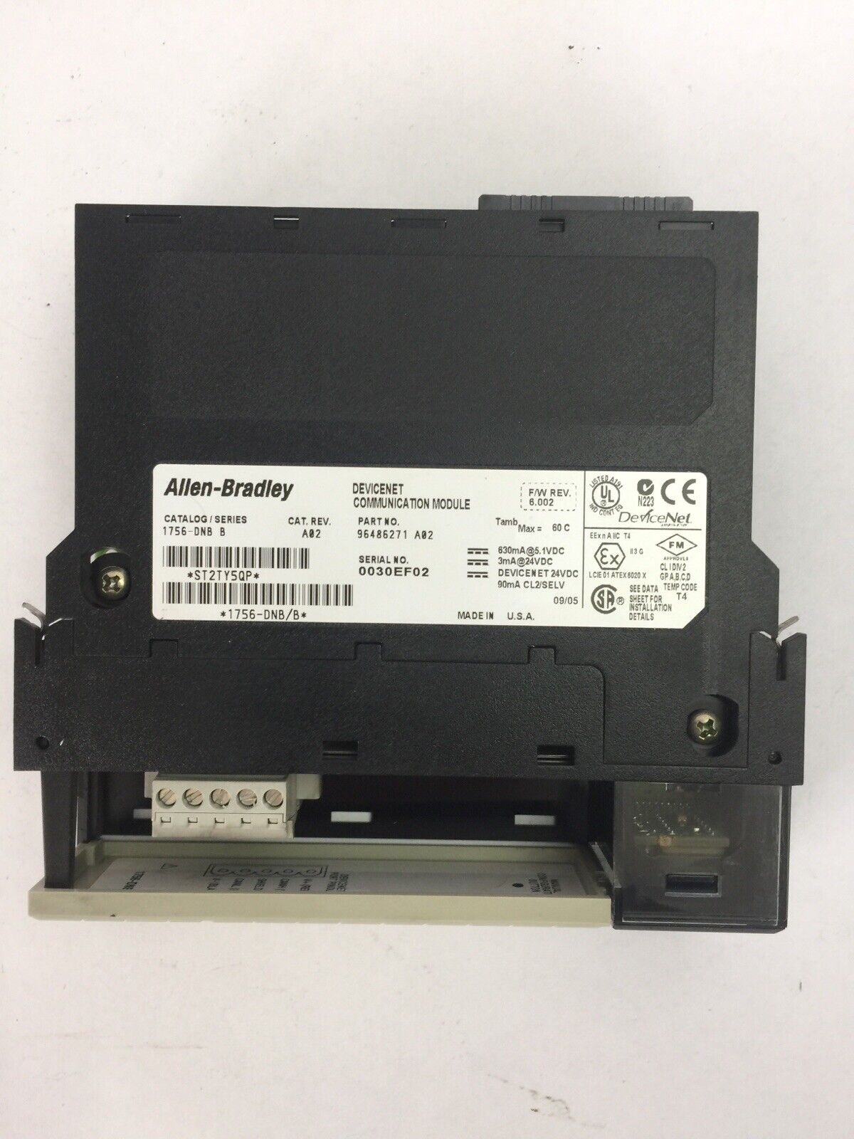 ALLEN BRADLEY 1756-DNB DEVICENET COMMUNICATION MODULE SER B CAT REV A02 F/W REV